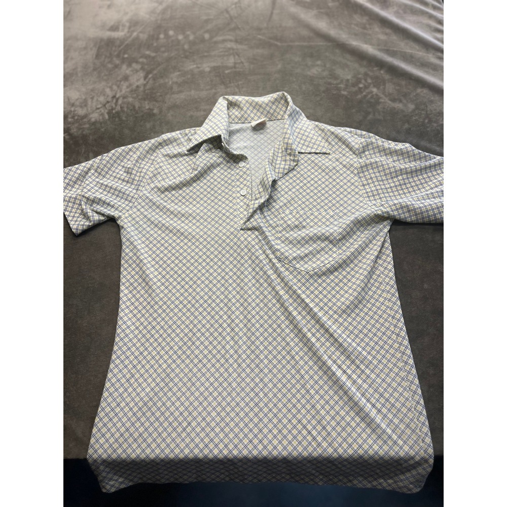 Vintage Jantzen Mens Large Polo Shirt Short‎ Sleeve Grid Pattern Blue Yellow USA